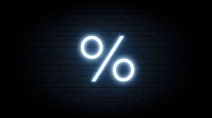Glowing blue neon percent sign symbol for business and finance. modern and futuristic icon represents sale, discount, or interest rate with professional feeling