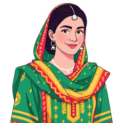 Illustration of a Woman in Traditional Punjabi Attire with Jewelry and Dupatta