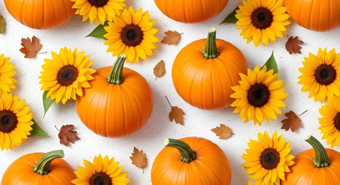 Vibrant autumn harvest display of pumpkins and sunflowers with fall leaves scattered on white background - Powered by Adobe