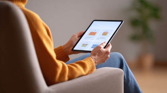 Focused woman online shopping on tablet at home. Relaxed person sitting on sofa, browsing an e commerce website for sale, enjoying comfortable and modern lifestyle