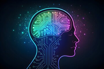 Digital brain illustration with glowing circuit patterns and vibrant neon colors, ai concept