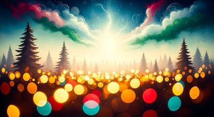 Whimsical Christmas Landscape with Bokeh Lights trees