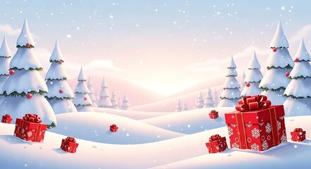 Whimsical Snowy Landscape with Christmas Trees and Gifts