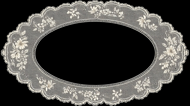 Oval lace frame with floral design on a black background intricate and delicate