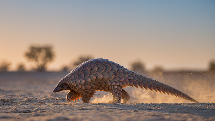 Pangolin walking across dusty savanna at sunset. Rare wildlife photo symbolizing conservation and exotic nature protection.