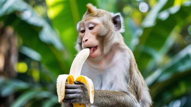 Funny white monkey eating banana with big smile in green jungle