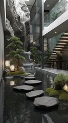 Obraz premium AI generator images of spacious living room with comfortable sofas, ample greenery, and artificial lighting. expensive cozy interior with green walls with living dining zone stair and kitchen for sale