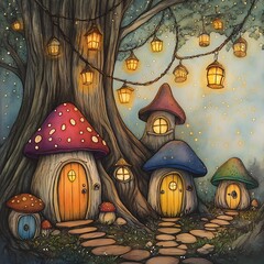 Enchanted fairy village with glowing mushroom houses nestled under a large tree adorned with lanterns