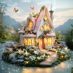 Enchanting fairytale cottage nestled beside a sparkling river surrounded by lush green nature