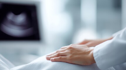 doctor performing ultrasound scan on pregnant woman, hospital setting, gentle and caring environment