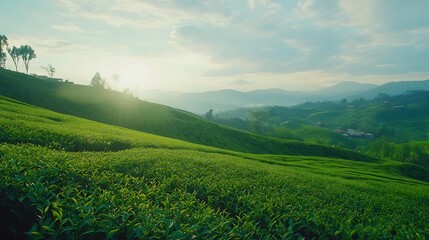 Lush green tea plantation slopes bathed in golden morning sunlight and hazy mountains