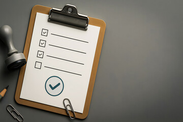 Blank checklist on a clipboard with approval stamp and checkmark