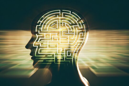Human head profile with intricate glowing maze pattern representing complex thought process