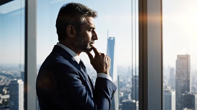 Confident businessman in a dark suit standing thoughtfully by a large office window overlooking a vibrant city skyline envisioning business success and future
