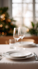 Fototapeta premium Elegant and cozy table setting for festive christmas holiday dinner celebration. white plate and wineglass await special meal with beautiful blurred background