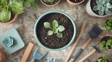 Overhead view of a small green seedling planted in a pot surrounded by gardening tools and other plants
