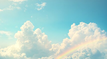 Soft pastel colored sky with fluffy white clouds and a subtle rainbow arc