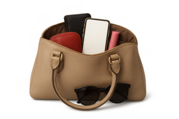 Woman's beige handbag displaying essentials: smartphone, red wallet, black wallet, lipstick, and sunglasses. Transparent background
