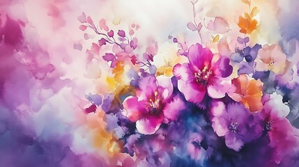 Softly blended watercolor flowers in delicate shades of pink purple and yellow