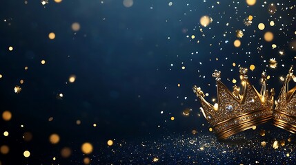 Sparkling golden fireworks burst against a dark blue night sky with scattered bokeh lights