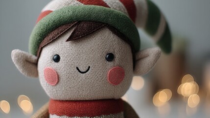 patchwork christmas concept. Cute elf doll with a striped hat and cheerful expression.