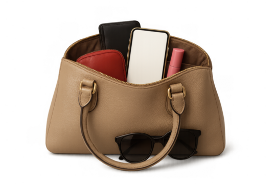 Woman's beige handbag displaying essentials: smartphone, red wallet, black wallet, lipstick, and sunglasses. Transparent background
