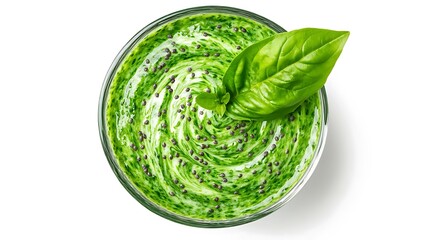 Vibrant green basil pesto sauce swirled in a glass bowl garnished with a fresh basil leaf