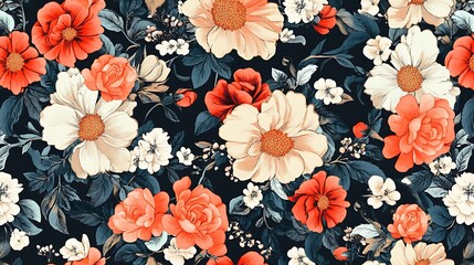 Vibrant floral pattern with large orange and cream blossoms on a dark background