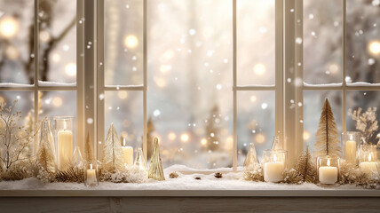 Winter, christmas winter, snowfall in winter cozy winter window scene with glowing candles, festive decorations, and falling snow, creating a warm holiday atmosphere