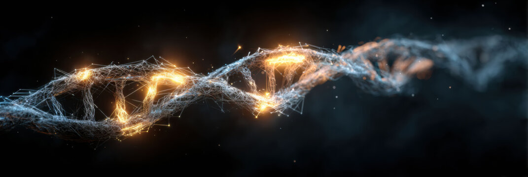 Futuristic dna helix concept with glowing energy represents gene in science and technology. An abstract and powerful visual of life code, evoking mystery and innovation