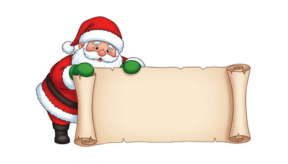 Santa claus holding a blank parchment scroll isolated on transparent background