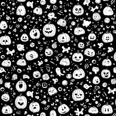 Whimsical hand drawn black and white halloween pattern with cute jack o lanterns and spooky icons