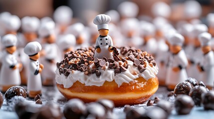 Whimsical miniature chefs gather around a deliciously decorated donut with chocolate shavings