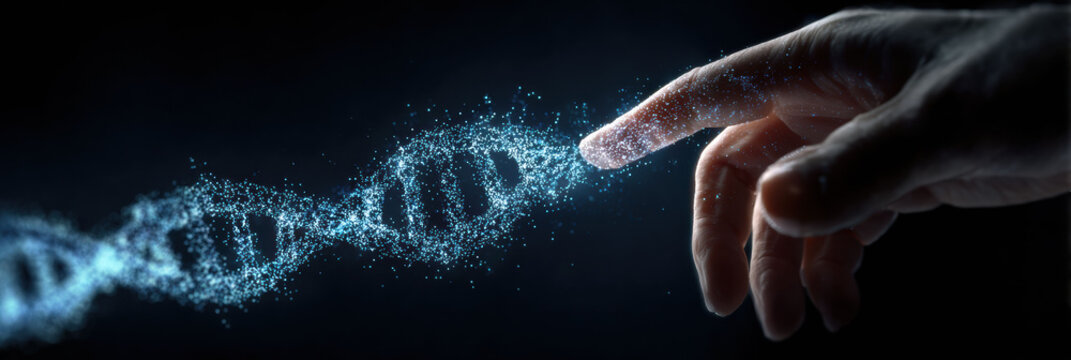 Awe inspiring scene of human hand touching glowing blue dna strand, futuristic concept of science, technology, and gene creation for medical innovation