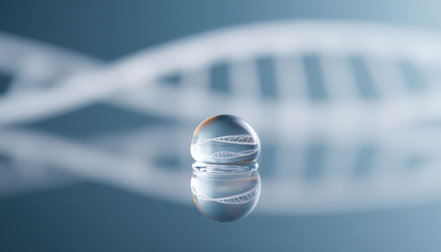 Futuristic science background with clear sphere reflecting DNA helix. biotechnology concept illustrates genetic research, gene, and medical innovation with sense of discovery
