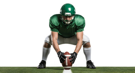 American Football Player in Ready Position on the Field, Focused and Prepared for Action