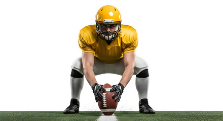 American football player in a dynamic stance on the field, poised and ready for action, isolated
