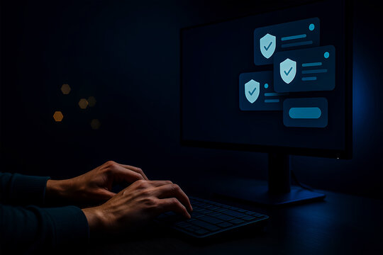 Developer hands typing on keyboard with cybersecurity policy on screen