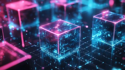 Abstract glowing neon cubes with digital data streams in a futuristic cybernetic network environment