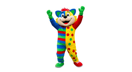 Colorful Mascot Costume with Upraised Arms on a White Background, Cheerful Character