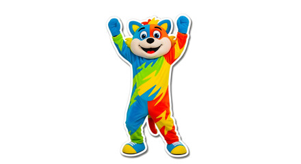 Cheerful Mascot Character in Colorful Costume Posing and Smiling with Arms Raised on White