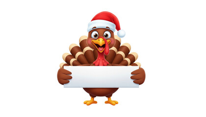 Cartoon turkey wearing a santa hat and holding a blank sign isolated on transparent background