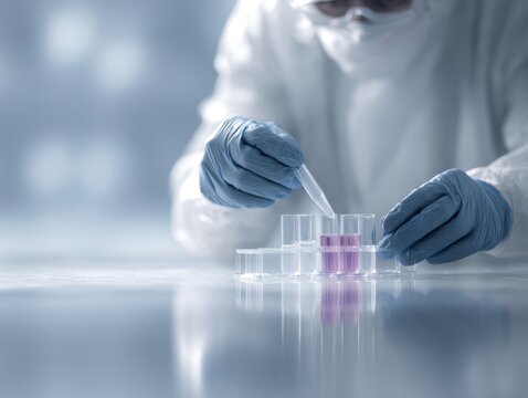 scientist in protective gear working with test tubes - Powered by Adobe
