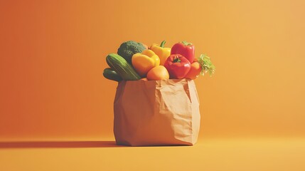 Colorful bell peppers overflowing from a brown paper grocery bag against an orange background