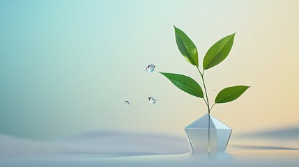 Delicate green plant sprouts in a modern geometric vase with water droplets