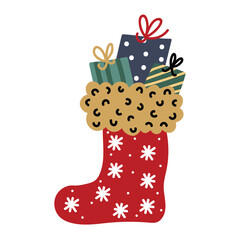 Christmas red sock or boot with gifts on transparent background. Design element.
