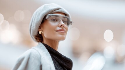 smiling woman using AR glasses to shop in futuristic mall, innovation and lifestyle