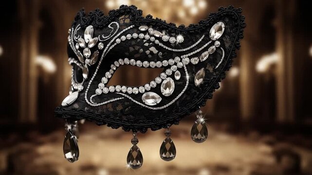 Elegant Black Masquerade Mask with Sparkling Jewels and Crystals in a Grand Venetian Setting