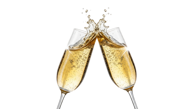 Two champagne glasses toasting isolated on transparent background for celebration