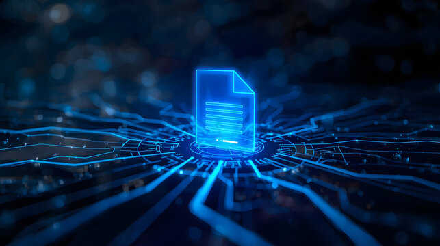 Futuristic Digital Document Icon Hologram Conceptual Design on Circuit Board, Glowing Data
